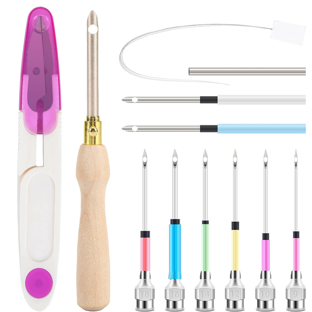 Punch Needle Kit - ชุดเข็มเจาะรู13ชิ้นชุดปักเข็มเจาะแบบปรับได้ชุดปักลายด้ามไม้สำหรับงานปักปักครอสติสขนอ่อน