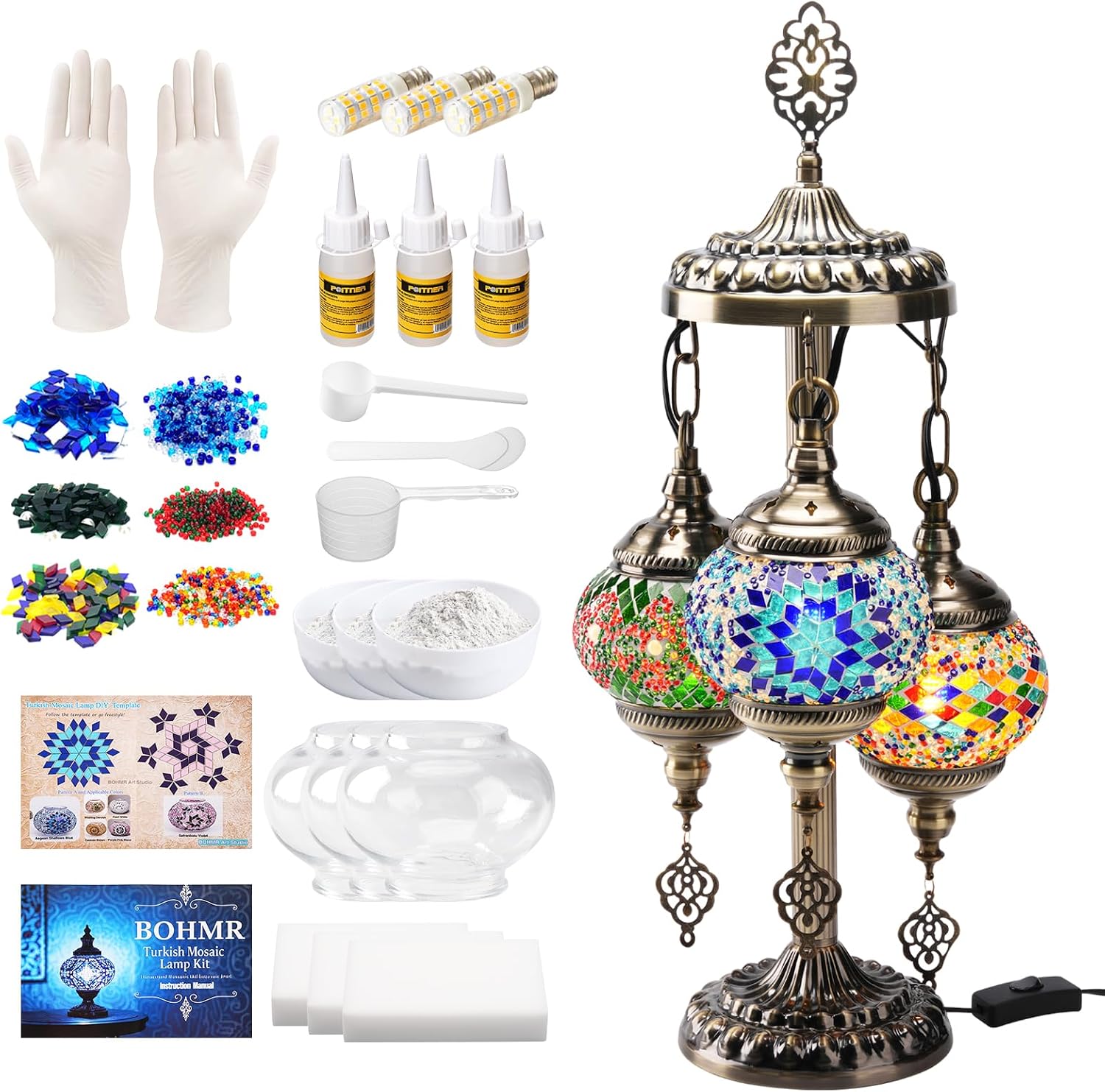 Art Craft Kit - ชุดทำโคมไฟโมเสคแบบตุรกี 3 ทรงกลม DIY, ชุดทำโคมไฟตั้งโต๊ะกระจกสีสูง 23