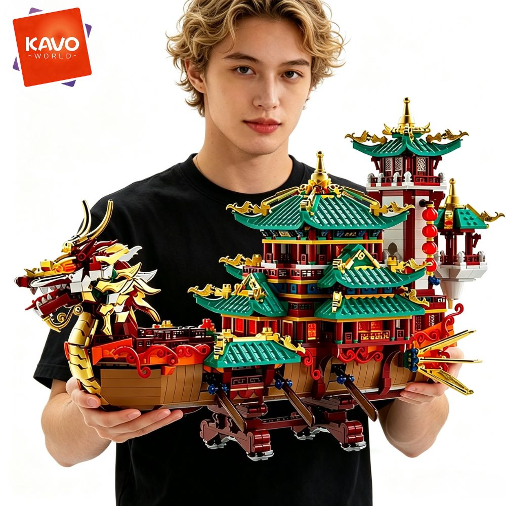 Art Craft Meaning - KAVOWORLD ชุดตัวต่อเรือมังกร 2453 ชิ้น ชุดประกอบเรือโบราณจีนพร้อมไฟ LED